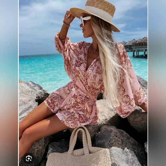 UMGEE* boho western hippy chic lined shorts jumpsuit asymmetric bell sleeve - Picture 16 of 17